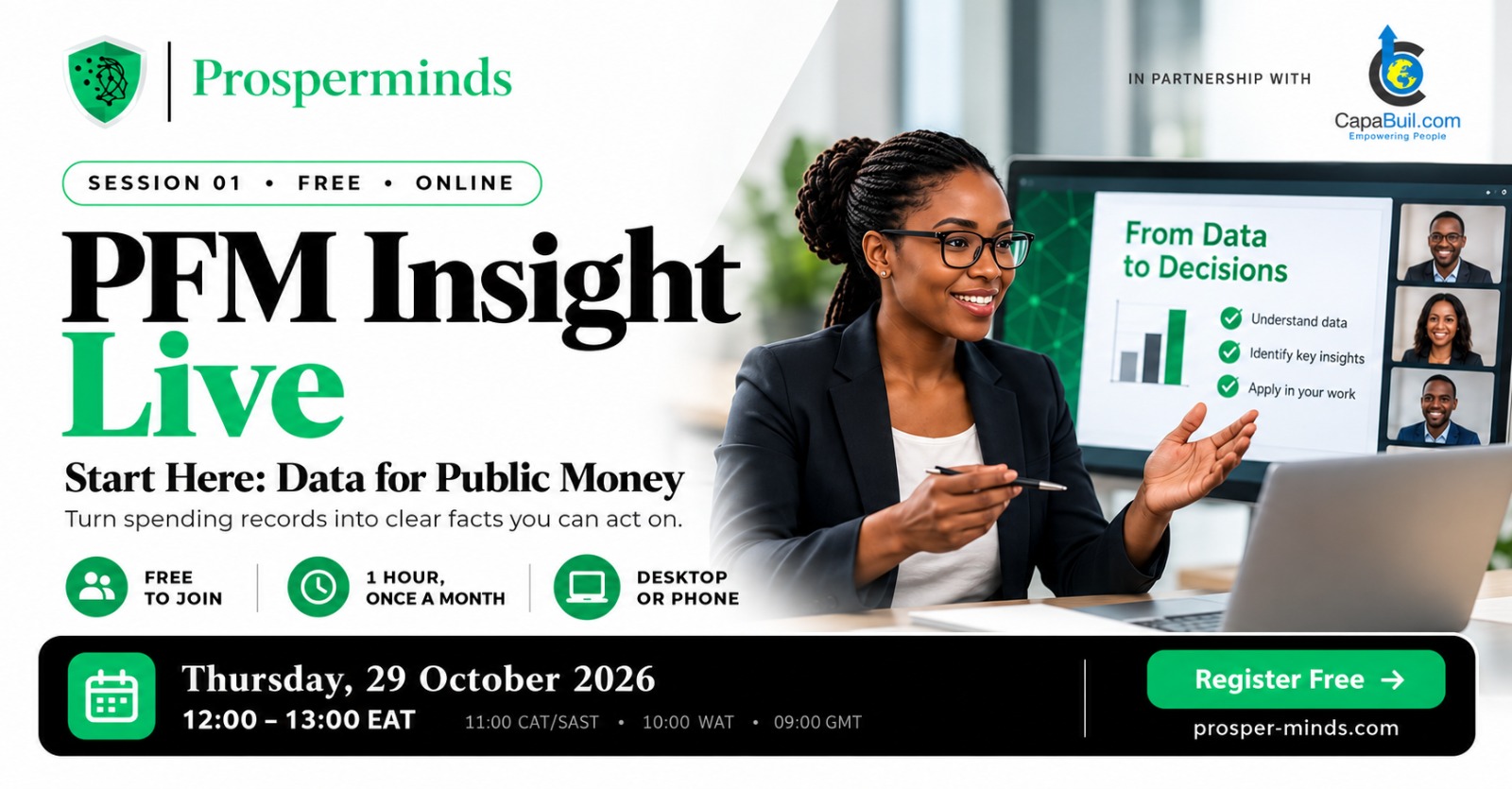 Poster: PFM Insight Live, Session 01, Start Here: Data for Public Money. 29 October 2026, 12:00 EAT. Free and online.